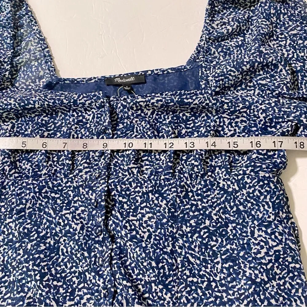 NWT Madewell Bengali Print Sweetheart Puff Sleeve Button Front Blouse Blue 6